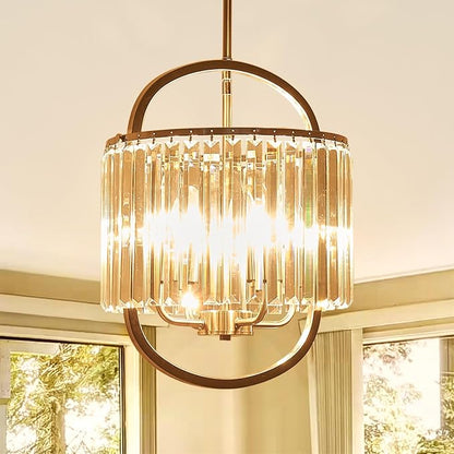4-Light Brushed Nickel Crystal Chandelier Mini Pendant Lighting 12.8" Crystal Lamp for Closet Bedroom Foyer Dining Room Hanging Ceiling Light Fixture