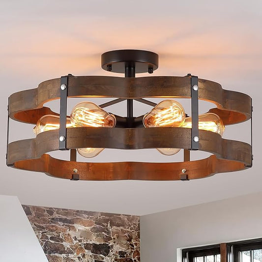 6-Light Rustic Farmhouse Wood Flush Mount Ceiling Light Fixture 20 inch Oak Wood and Metal Cloud Cage Semi Flush Mount Ceiling Light for Hallway Entry Dining Farmhouse Bedroom Living Room, Black