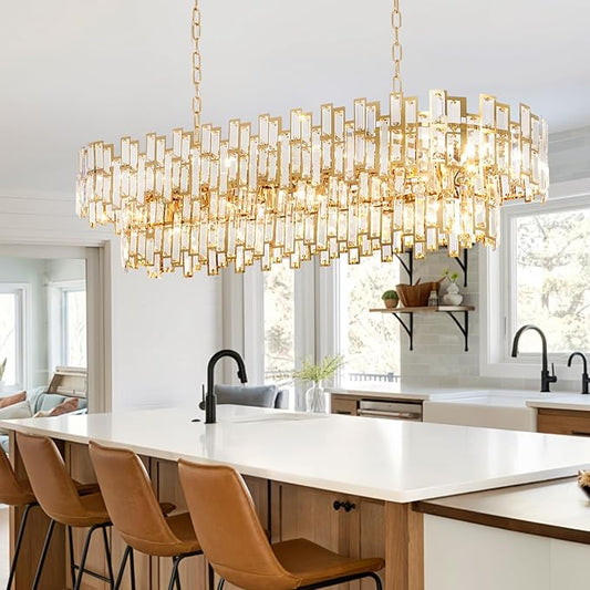 Rectangle Gold Chandeliers for Dining Room 2-Tier 16 Lights Modern Crystal Chandelier Luxury Rectangular Oval Preinstalled Top K9 Crystal Contemporary Pendant Lighting Fixture 51"