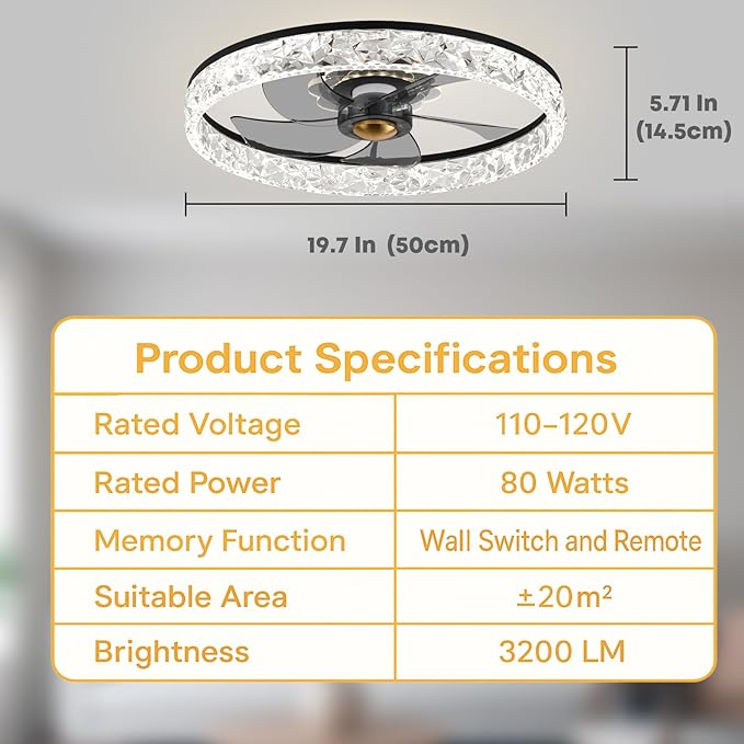 Fszdorj 20'' Ceiling Fan with Light, Upgraded Low Profile Fan, Flush Mount Ceiling Fan, 6 Speeds, Dimmable LED, App & Remote Control, Quiet DC Motor, for Bedroom, Living Room, F098 Black