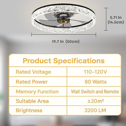 Fszdorj 20'' Ceiling Fan with Light, Upgraded Low Profile Fan, Flush Mount Ceiling Fan, 6 Speeds, Dimmable LED, App & Remote Control, Quiet DC Motor, for Bedroom, Living Room, F098 Black