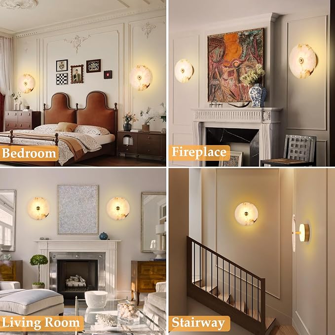 Round Alabaster Wall Sconce Natural White Marble Sconces Set of Two, 3 CCT Adjustable Wall Lamp Decor Home, 8W Hardwired Circular Wall Lights for Bedroom, Stairs, Living Room, Bedside, Hallway (Gold)