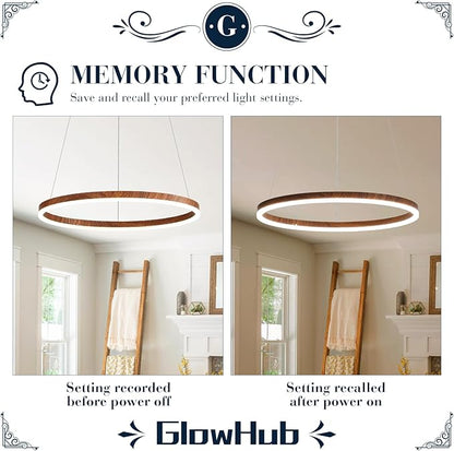 GlowHub Modern LED Chandelier, Wood Grain 1-Ring LED Pendant Light Fixture with Remote Control, Farmhouse Round Chandelier for Dining Room, 20 Inches Circle Hanging Light for Foyer Kitchen