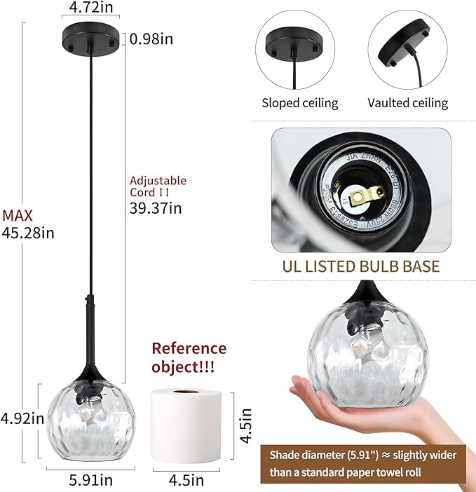 Glass Pendant Lights Kitchen Island: 5.91'' 2-Pack 1-Light Hammered Glass Pendant Light with Black Finish - Modern Minimalist Hanging Light Fixture for Kitchen Sink Dining Room Bathroom