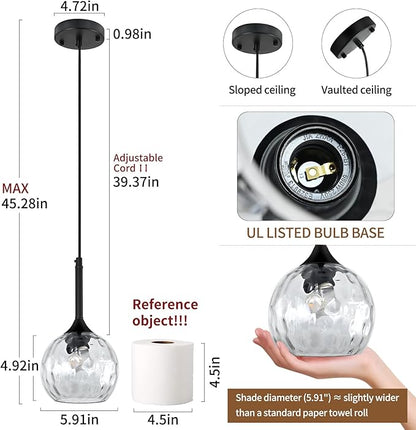 Glass Pendant Lights Kitchen Island: 5.91'' 2-Pack 1-Light Hammered Glass Pendant Light with Black Finish - Modern Minimalist Hanging Light Fixture for Kitchen Sink Dining Room Bathroom