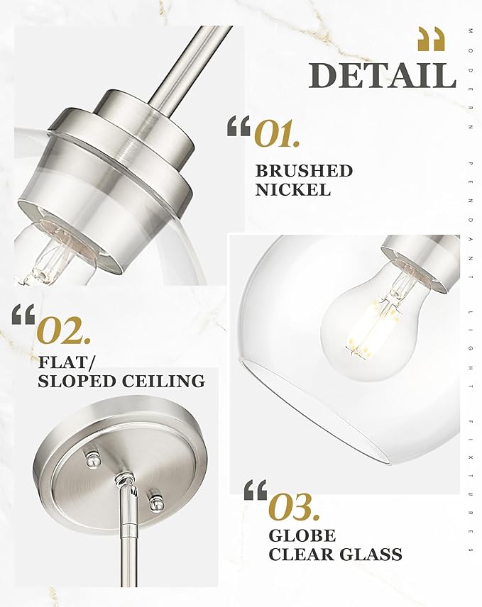 Pendant Lights Kitchen Island 2 Pack, 7" Modern Brushed Nickel Hanging Lights Fixtures with Clear Glass Globe Shade, Kitchen Island Lighting for Bathroom, AD-22280-1P2-SN-C