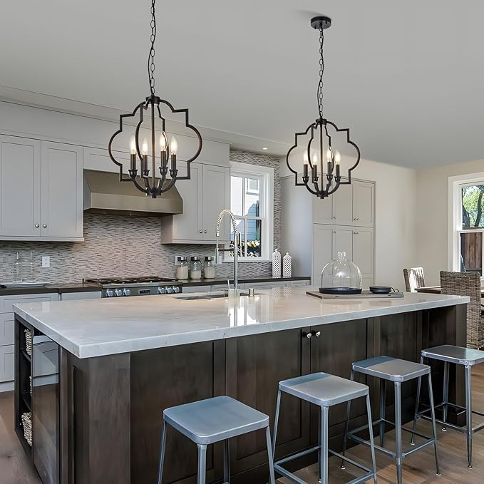 4-Light Black Farmhouse Chandelier, 15.6" Rustic Geometric Pendant Light Fixtures, Adjustable Height Metal Industrial Hanging Light for Kitchen Island Dining Room Hallway Foyer Entryway