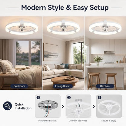 19" Low Profile Ceiling Fan with Lights and Remote, Modern White Flush Mount Bladeless Ceiling Fan, App Control Smart Fandelier, 6 Speeds Reversible Motor, Dimmable LED Fan Light for Bedroom, Kitchen