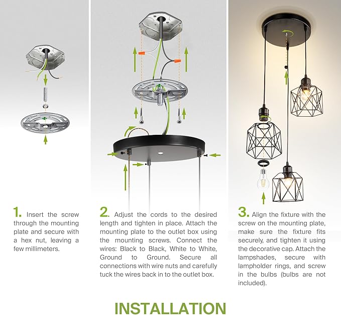 ASD Black Pendant Light Fixture - 3xE26 120V ETL Modern Pendant Lights Kitchen Island, Industrial Hallway, Living Room, Kitchen Island Lighting, Hanging Dining Room Light Fixtures Over Table