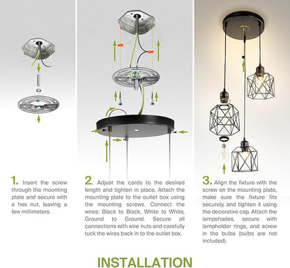 ASD Black Pendant Light Fixture - 3xE26 120V ETL Modern Pendant Lights Kitchen Island, Industrial Hallway, Living Room, Kitchen Island Lighting, Hanging Dining Room Light Fixtures Over Table