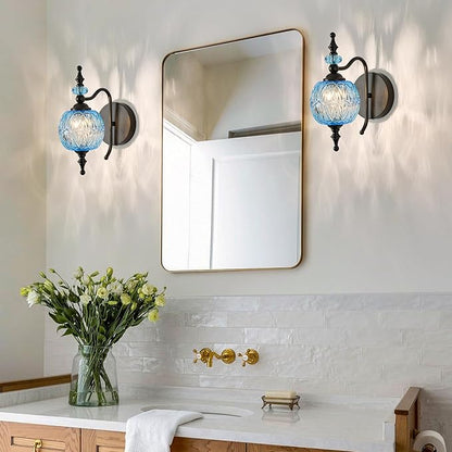 Vintage Wall Sconces with Black Finish Bathroom Blue Wall Light Fixtures with Crystal Glass Shade for Bedroom Living Room Kitchen Hallway