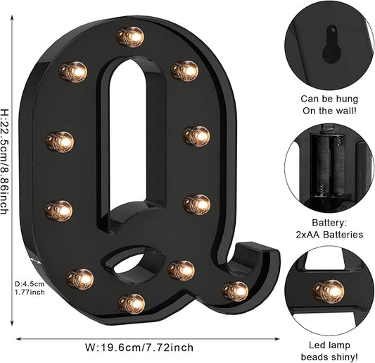 Foaky Black LED Letter Lights for Room Decor - Bedroom Wall Decor, Alphabet Lights for Home, Wedding, Party - Battery Operated （Q）