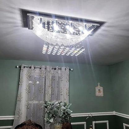 Crystal Chandelier Modern Chandelier Flush Mount Chandelier Silver Rectangle Crystal Raindrop Chandelier 8 Lights Ceiling Light Fixture Pendant Lamp for Kitchen Island Dining Room Closet Wedding Decor