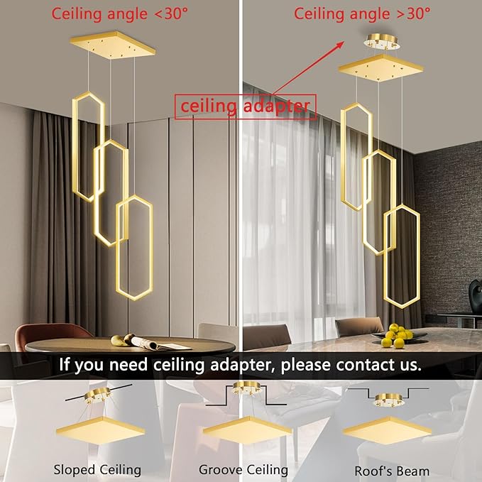 3-Rings Dimmable Pendant Lighting Adjust LED Chandelier Ceiling Light Fixtures for Kitchen Island Dining Room Living Room Bedroom Gold