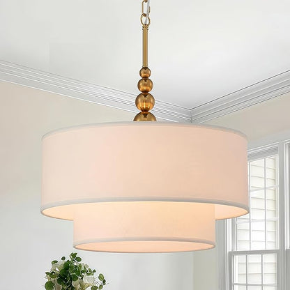 Shrine Lighting White Double Drum Chandelier, Dining Room Design, Drum Pendant Lights for Dining Room, D20'' x H10'', Adjustable Chains 55'', E12*4 Sockets, White Linen Fabric Lampshade & Gold Rod