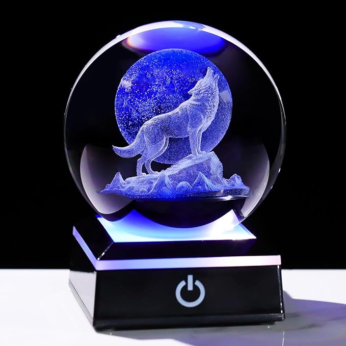 Arikyrist 3D Moon Wolf Crystal Ball Figurine with Colorful LED Base, Laser Wolf Gifts for Women Men Wolves Lovers, Wolf Statue Glass Animal Decorative Ball for Christmas Birthday Home Decor (80mm)