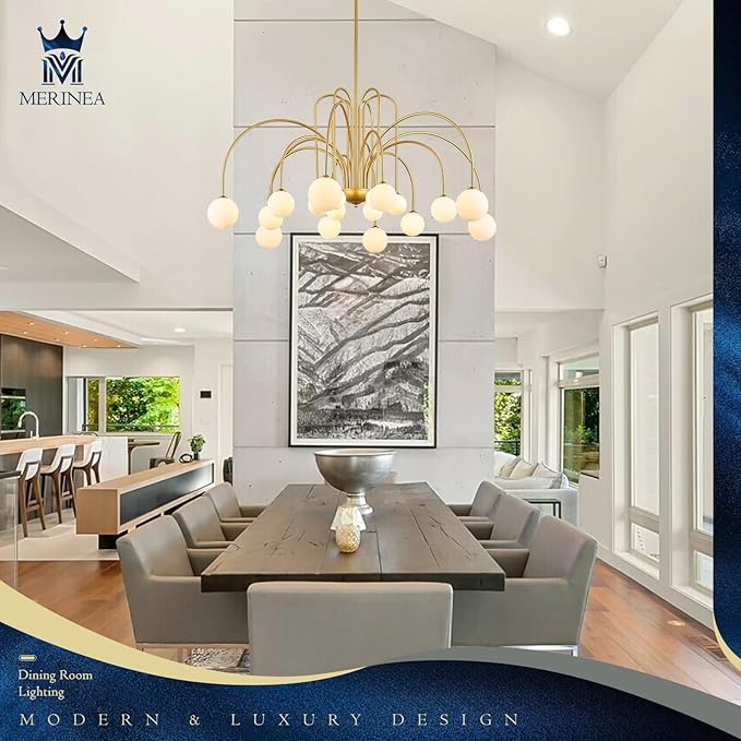 Extra Large Mid Century Sputnik Chandelier L59’’ 18 Lights Modern Gold Milk Glass Globe Ceiling Pendant Light Fixture for Foyer Staircase Living Dining Room High Ceiling