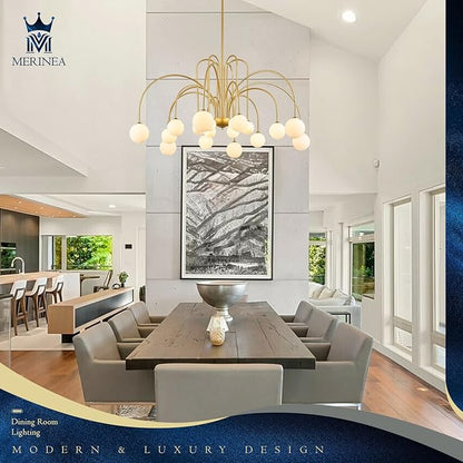 Extra Large Mid Century Sputnik Chandelier L59’’ 18 Lights Modern Gold Milk Glass Globe Ceiling Pendant Light Fixture for Foyer Staircase Living Dining Room High Ceiling