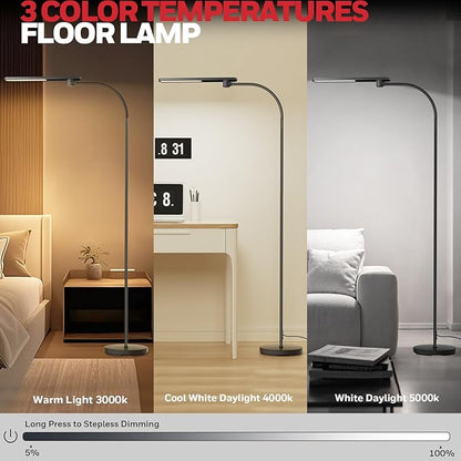 Honeywell LED Floor Lamp for Reading, CRI97 Full Spectrum Eye-Caring Task Lamp, Stepless Dimmable 3000K-5000K Standing Lamp with Flexible Gooseneck, 77.5" Tall for Living Room, Bedroom, Office