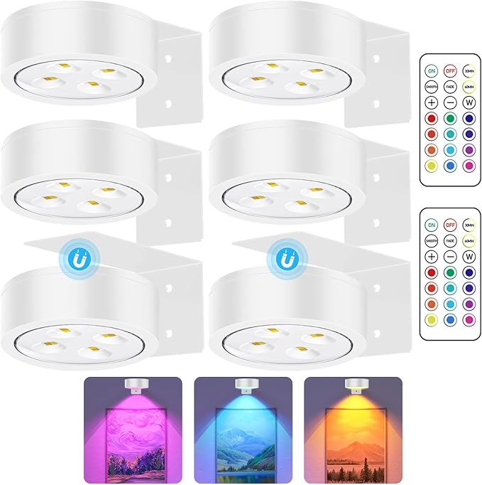 RGB Picture Light Battery Operated Painting Lights for Wall Wireless Magnetic Display Art Light with Remote Controls,Dimmable&Timer for Art Frame Artworking,6Pack White