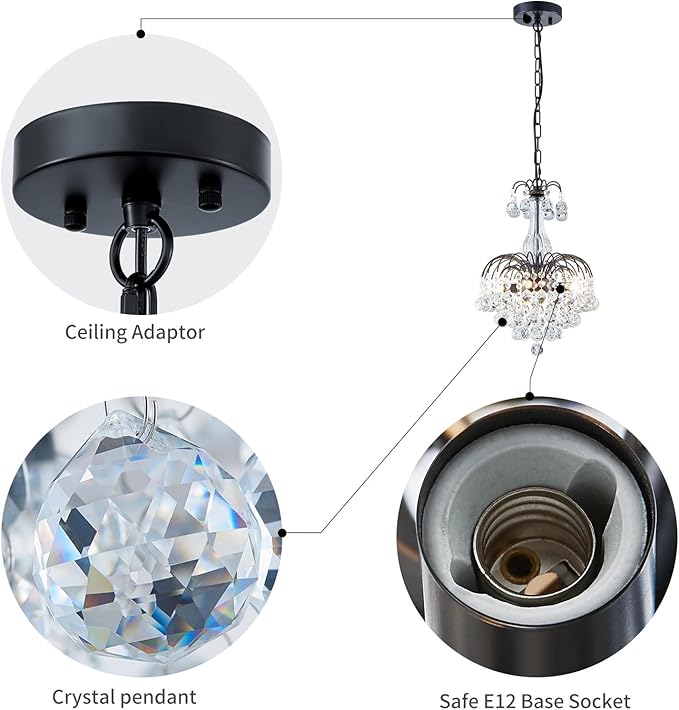 WUZUPS Crystal Chandelier Pendant Flushmount Ceiling Light Modern Lighting Fixture for Bedroom Hallway Bar Kitchen Bathroom, H 14.4" x W 11.8", Black, E12 Base