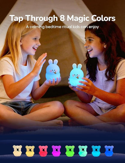 Mini Slumber Pal Bunny Night Light for Kids, 8 Color Changing with Warm Red Glow & Timer, Cute Silicone Squishy Night Light, Portable Rechargeable Night Light for Baby Car Seat, Bedroom & Travel