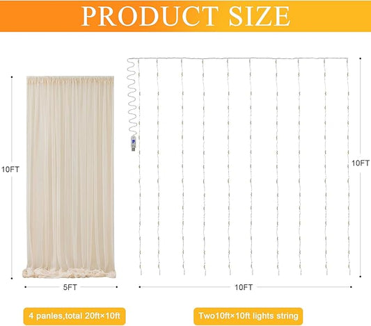 Fomcet Tulle Backdrop Curtains Champagne 20FT X 10FT Tulle Curtains with Lights String Sheer Backdrop Curtain for Parties Wedding Baby Shower Photo Shoot Decorations (4 Panels 5x10FT)