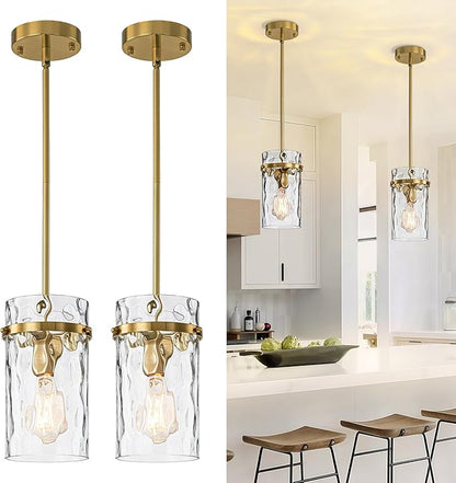 2 Pack 5.5" Brass Hammered Glass Pendant Light, Brushed Gold Island Pendant Lights Adjustable Mdern Pendant Light Fixtures Dining Room Farmhouse Chandelier Pendant Kitchen Lighting