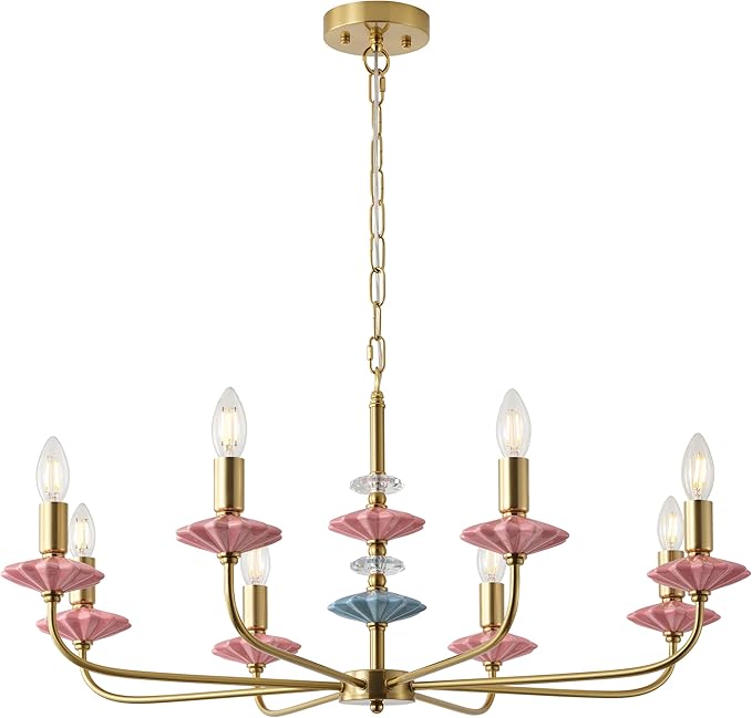 Pink Chandeliers for Dining Room Light Fixture Over Table,Brass Gold Art Deco Chandelier, Modern Vintage Chandelier with Ceramic,Farmhouse Chandelier for Girls Bedroom, Living Room, Foyer