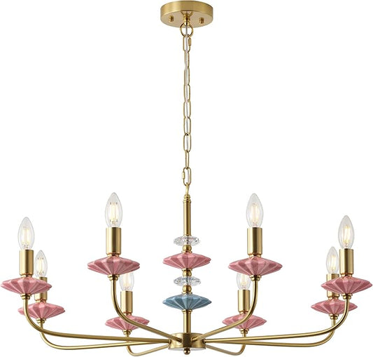 Pink Chandeliers for Dining Room Light Fixture Over Table,Brass Gold Art Deco Chandelier, Modern Vintage Chandelier with Ceramic,Farmhouse Chandelier for Girls Bedroom, Living Room, Foyer