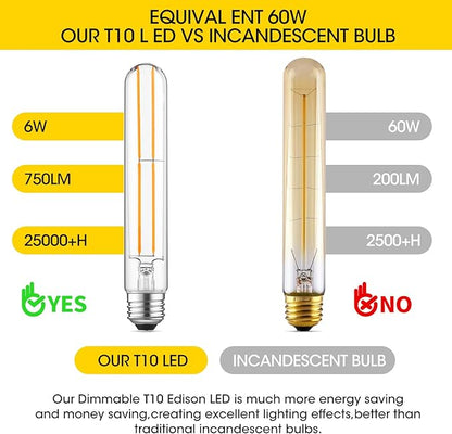 Gozelux Dimmable E26 Light Bulb 6W Equal 60 watt LED Light Bulbs AC120V Warm White 2700K Edison 60 Watt 750LM T10 Bulb for Rustic Pendant, Industrial Pipe, Wall Sconces, Vanity, Pack of 6