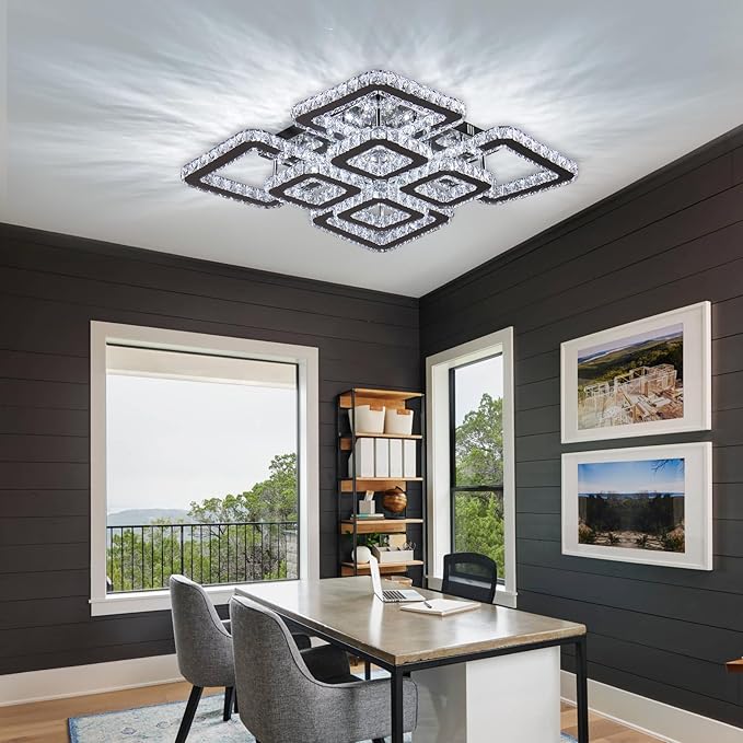 FRIXCHUR 20”Crystal Chandelier Square Led Crystal Flush Mount Ceiling Light 8 Lights Modern Crystal Ceiling Pendant Light Led Crystal Chandelier for Living Room Bedroom Cool White 6500K