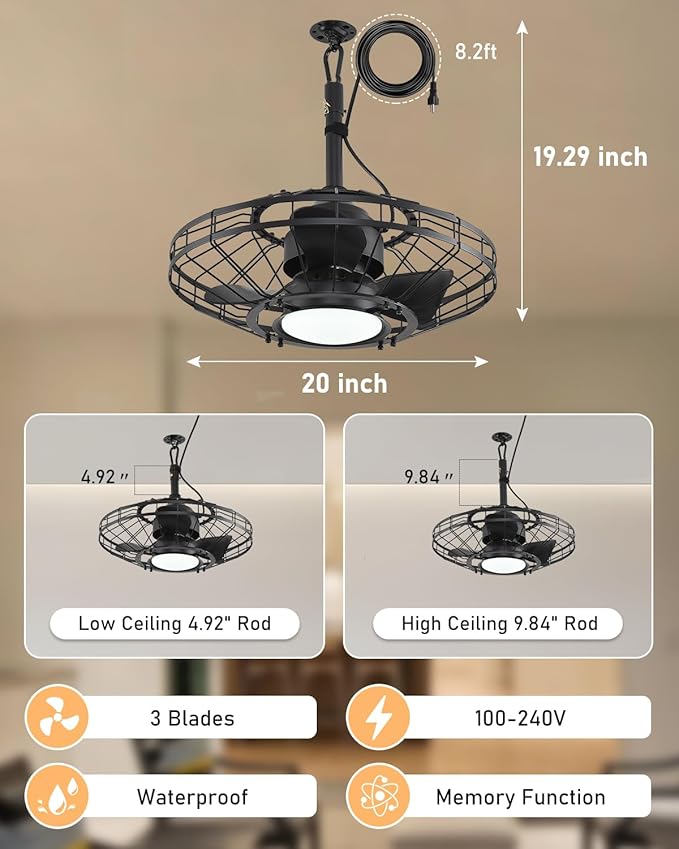 AHAWILL 20" Outdoor Ceiling Fan with Light,Waterproof Gazebo Fan with Hanging Hook,6-Speed Reversible Motor,Memory 3CCT,Plug-in Caged Ceiling Fan with Smart App Control for Patio Porch (Black)