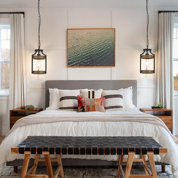Farmhouse Pendant Light, Rustic Wood Metal Light Fixtures with Adjustable Hanging Chain, Small Pendant Lighting for Kitchen Island, Dining Room, Entryway, Cafe & Bar, 3 Pack