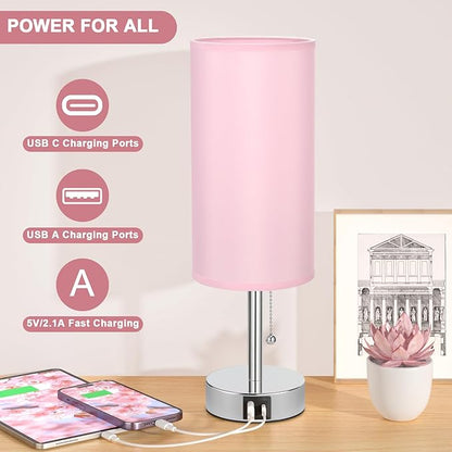 Hong-in Pink Bedside Lamp for Bedroom-Nightstand Lamps with 3 Color Modes with USB-C+A Charging Ports, 3000/4000/5000k Bedroom Lights by Pull Chain