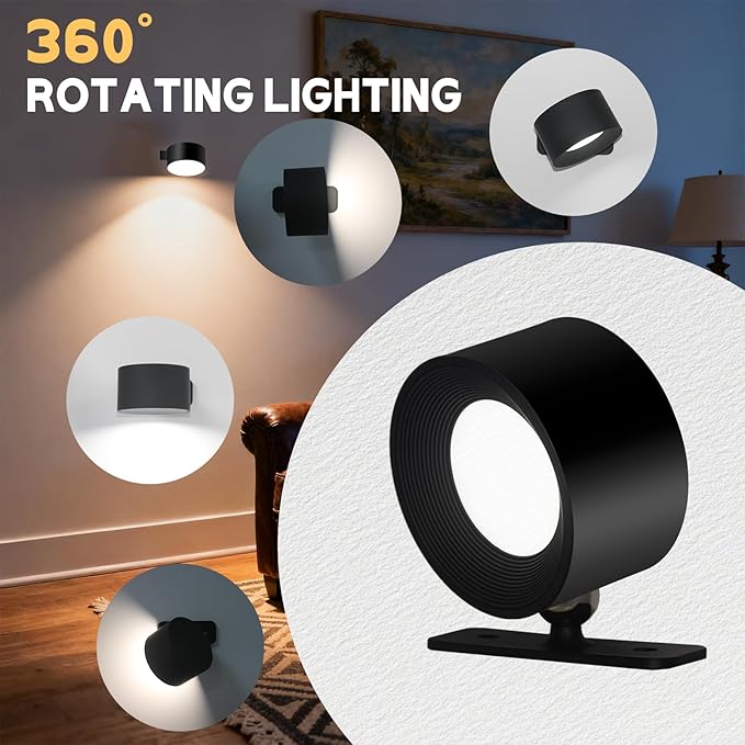 Rechargeable Wall Sconce with Remote & Touch, 360° Rotatable Battery Operated Wall Lights, 3-Color Dimmable, No Drill Adhesive, Ultra Long Battery for Bedroom Reading（Wooden-2PC）