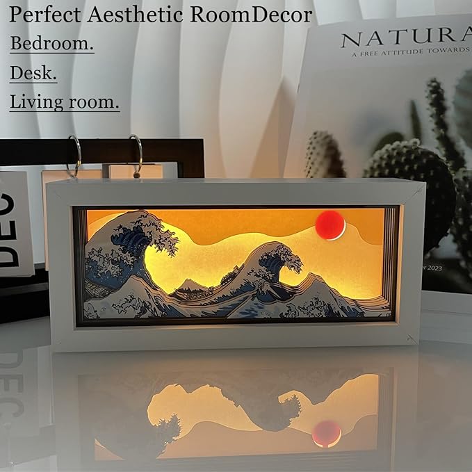 Hokusai The Great Wave 3D Paper Carving LED Night Light – Shadow Box Lamp, USB & Battery Powered Decorative Light for Bedroom & Living Room, Aesthetic Room Decor & Ideal Gift for Art Lovers
