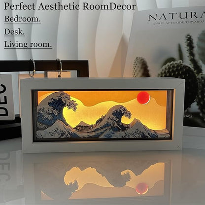 Hokusai The Great Wave 3D Paper Carving LED Night Light – Shadow Box Lamp, USB & Battery Powered Decorative Light for Bedroom & Living Room, Aesthetic Room Decor & Ideal Gift for Art Lovers