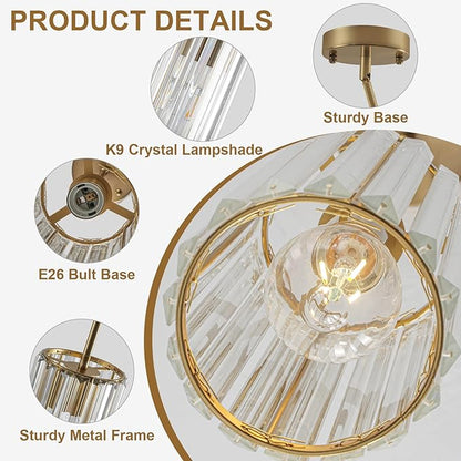 Gold Modern Crystal Pendant Lights Hanging Light Fixture, 2 Pack Pendant Lights Kitchen Island Adjustable Mini Pendant Lighting Fixtures for Kitchen Island Dining Room Hallway Bedroom