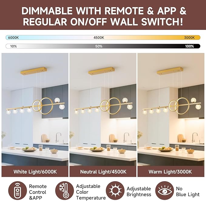 ORANOOR Modern Gold Chandeliers for Dining Room, 47in Dimmable LED Chandelier Linear Gold Pendant Light for Kitchen Island, Upgraded 6 Globe Hanging Pendant Chandelier Lighting (2 Rings, 4200lm)