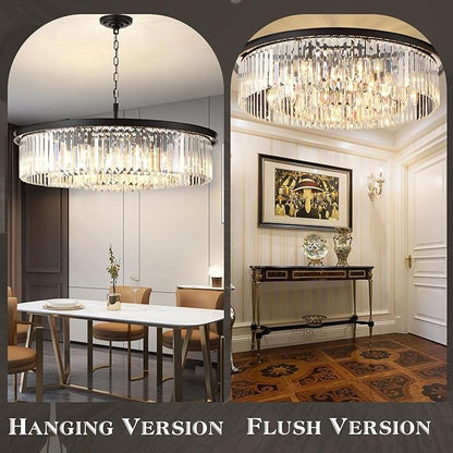Crystal Chandeliers 18-Light, Metal Ceiling Light Fixture Adjustable Height, 39 Inch Modern Luxury Hanging/Chandelier for Living Room Dining Room Kitchen Hallway Foyer, Black