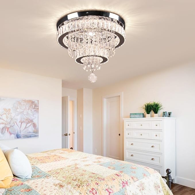 Finktonglan 15.7" Dimmable Crystal Ceiling Light with Remote, 2-Ring LED Flush Mount Chandelier, Adjustable Brightness & 3000K-6500K, Built-in LED for Bedroom Hallway Entryway Dining Room