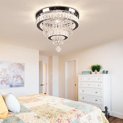 Finktonglan 15.7" Dimmable Crystal Ceiling Light with Remote, 2-Ring LED Flush Mount Chandelier, Adjustable Brightness & 3000K-6500K, Built-in LED for Bedroom Hallway Entryway Dining Room
