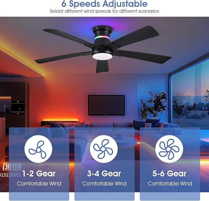 Surtime 52" Black Ceiling Fans with RGB Lights - Flush Mount Ceiling Fan Light with LED 3CCT Dimmable, Modern Low Profile Ceiling Fans for Indoor Party,Covered Outdoor