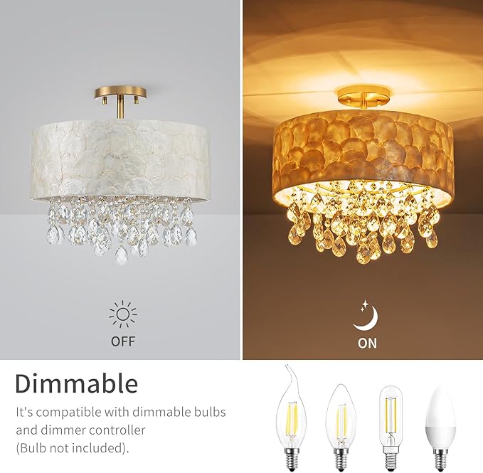 LumFurn 4-Light Drum Capiz Shell Crystal Chandeliers, Coastal Design Semi-Flushmount Ceiling Light Fixture for Dining Room, Bedroom, D16xH16 inch, Shell Lampshade & Gold Finish