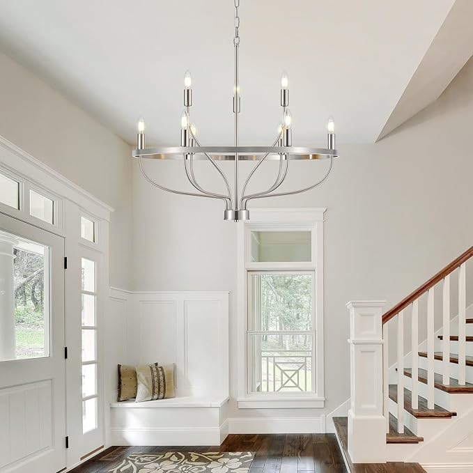 9-Light Brushed Nickel Chandelier, Modern Candle Chandeliers for Dining Room 30" Metal Vintage Farmhouse Chrome Chandelier Light Fixture for Kitchen Island, Bedroom, Foyer, Living Room