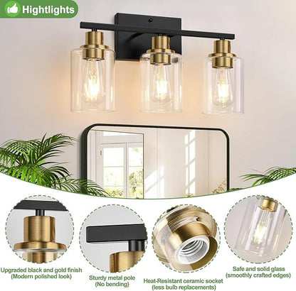 Indoi 3-Light Bathroom Light Fixtures, Black and Gold Modern Vanity Lights with Clear Glass Shades, Bathroom Wall Lamp for Mirror Living Room Cabinet Bedroom Porch