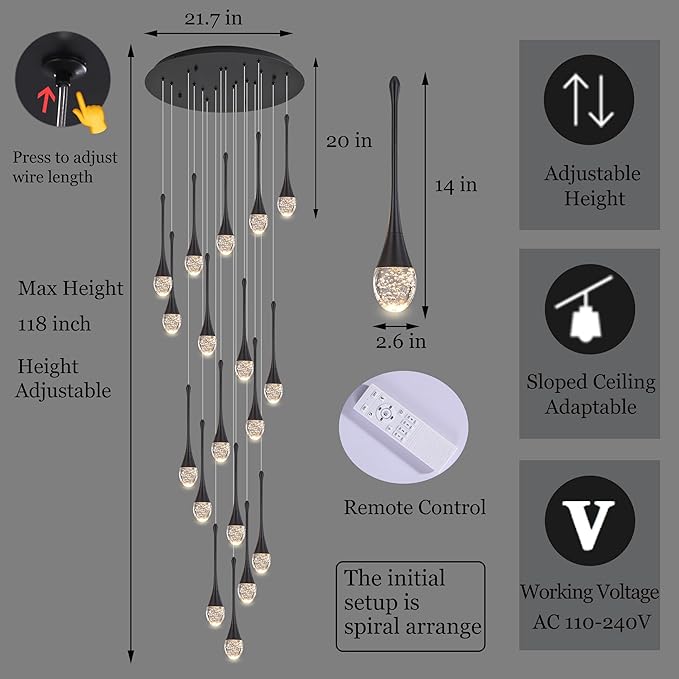 Modern Crystal Staircase Chandelier Polished Black 18-Lights, H118'' Large High Ceiling Spiral Dimmable LED Raindrop Foyer Entryway Light Fixture Remote Control