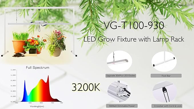 LED Grow Light Lamp Stand for Plant Vege Flower Herb Growth,Full Spectrum CRI 90+ White Light CCT 3200K,Isolated Dimming Power with On/Off Switch,Height Adjustable,100W,4FT