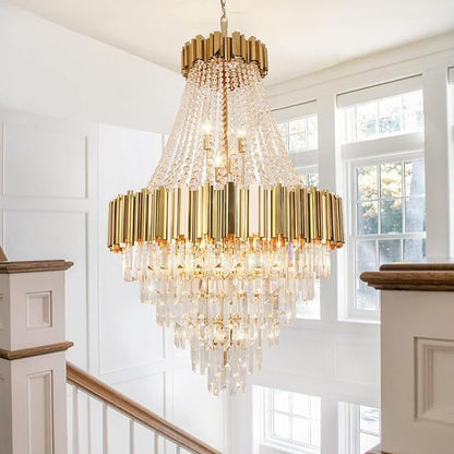 Luxury Crystal Chandelier for High Ceilings, 30" 17-Light Gold Lighting Fixture for Foyer Entryway, Stairway, Open Dining Room